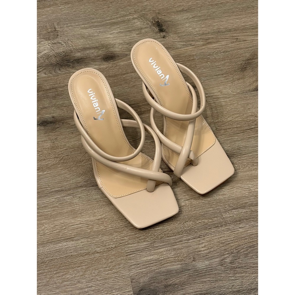 Vivianly Womens Square Toe Heeled Sandals Beige Strappy Stiletto Mules Size 8